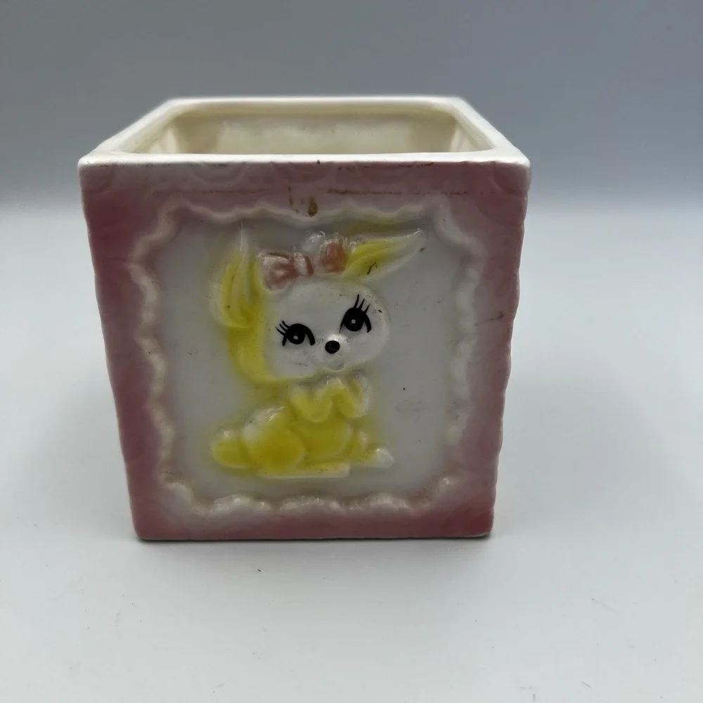 Vintage MCM Pastel Pink Baby Block Nursery Bear Bunny Lamb Planter Ceramic Japan